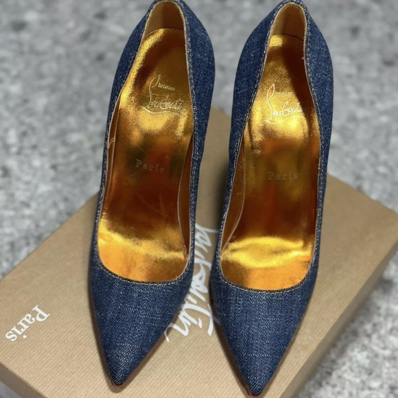 Christian Louboutin So Kate 120 Blue Denim Saba Gold Stiletto Heel Pump 38 - Picture 6 of 7